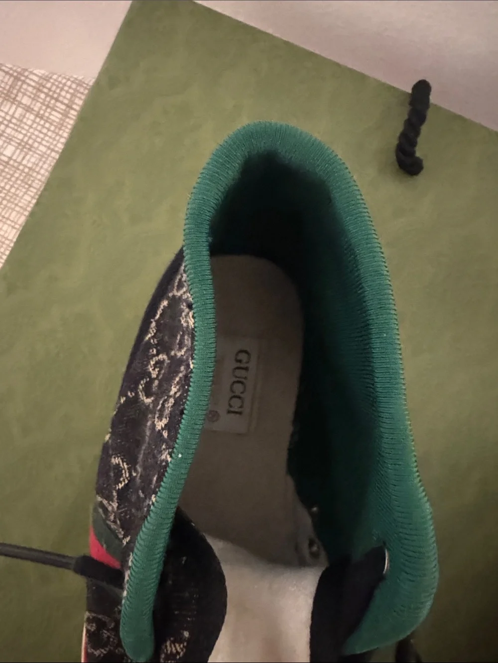 Gucci Black GG Canvas High-Top Sneakers with Green & Red Web
